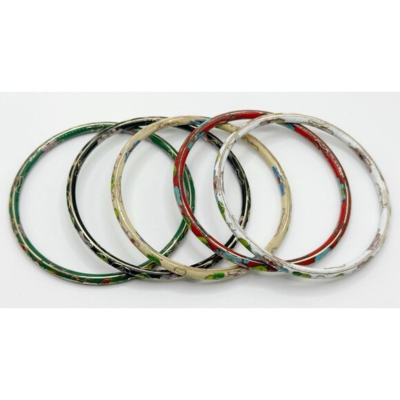 5 Floral Cloisonne Enamel Bangle Bracelets Red, Green, White, Black, Ivory - Picture 2 of 7